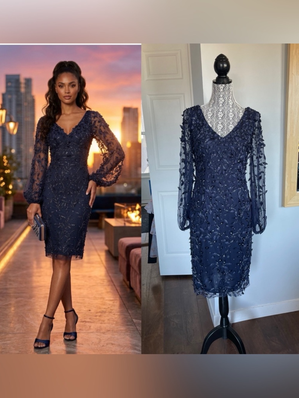 Designer Theia 3D Petal Embellished Balloon Sleeve Midi Dress. Navy Blue. Sz 6